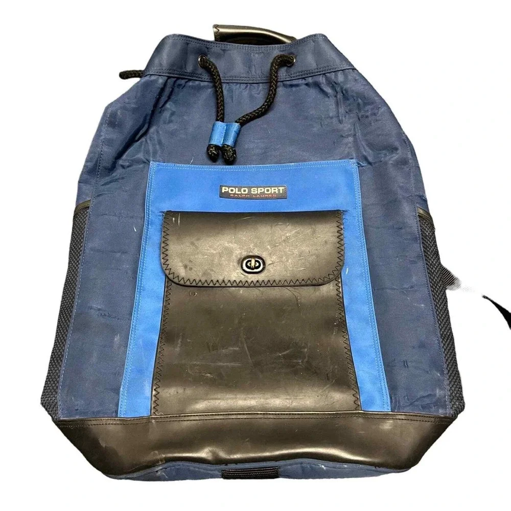 RARE vintage polo sport ralph lauren bucket bag sling backpack blue and leather‎